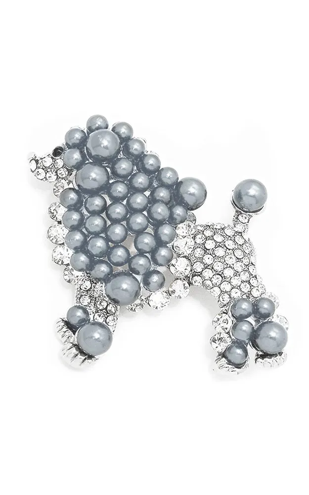 06301 Grey Pearl / Clear Crystal Poodle Brooch