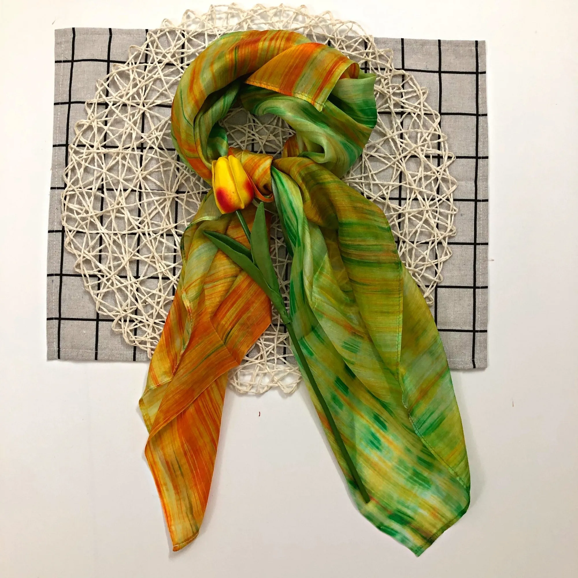 100% MULBERRY SILK SCARF - Pure mulberry silk - Green and Orange Square Scarf - Women's Scarves - Fashion Scarf - Luxury Scarf - Gift for her