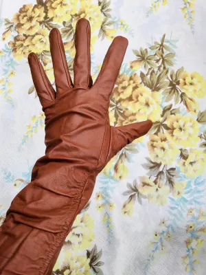 1960s Vintage Tan Brown Faux Leather Gauntlet Gloves • S/M