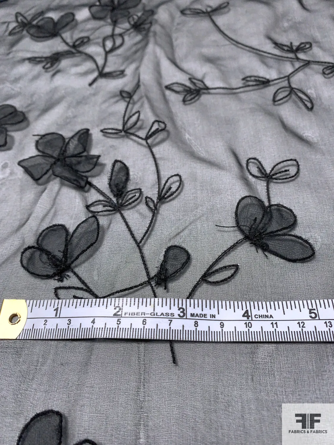 3D Floral Stems Embroidered Silk Organza - Black