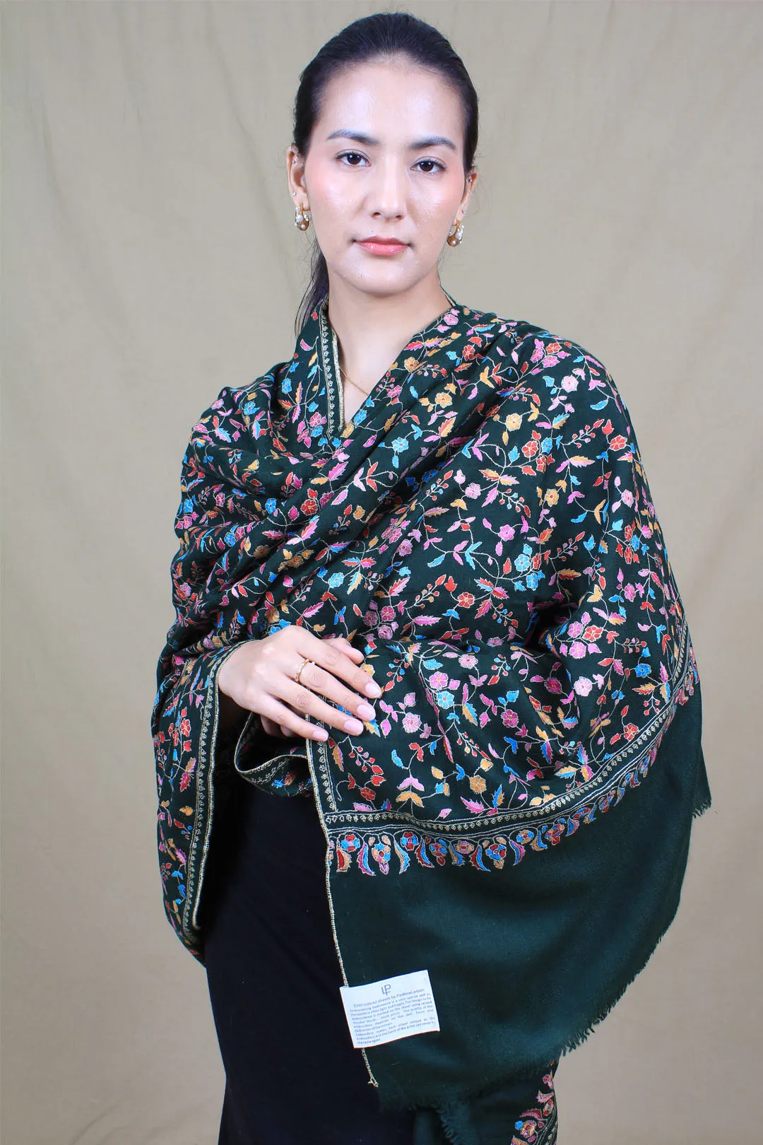 Afraah Bottle Green Neem Jama Embroidered Pashmina Shawl