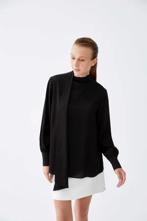 Balloon Sleeve Blouse with Scarf Detail Black