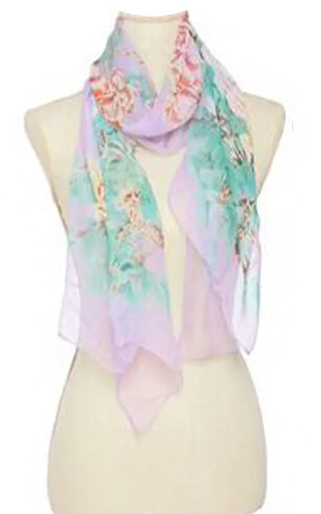 BASC4829 Purple Silky Floral Oblong Scarf