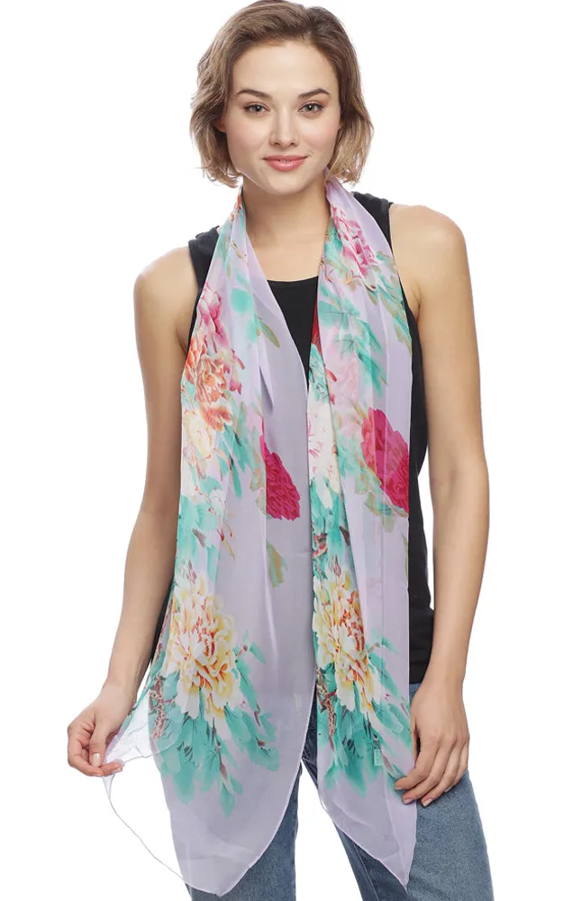 BASC4829 Purple Silky Floral Oblong Scarf