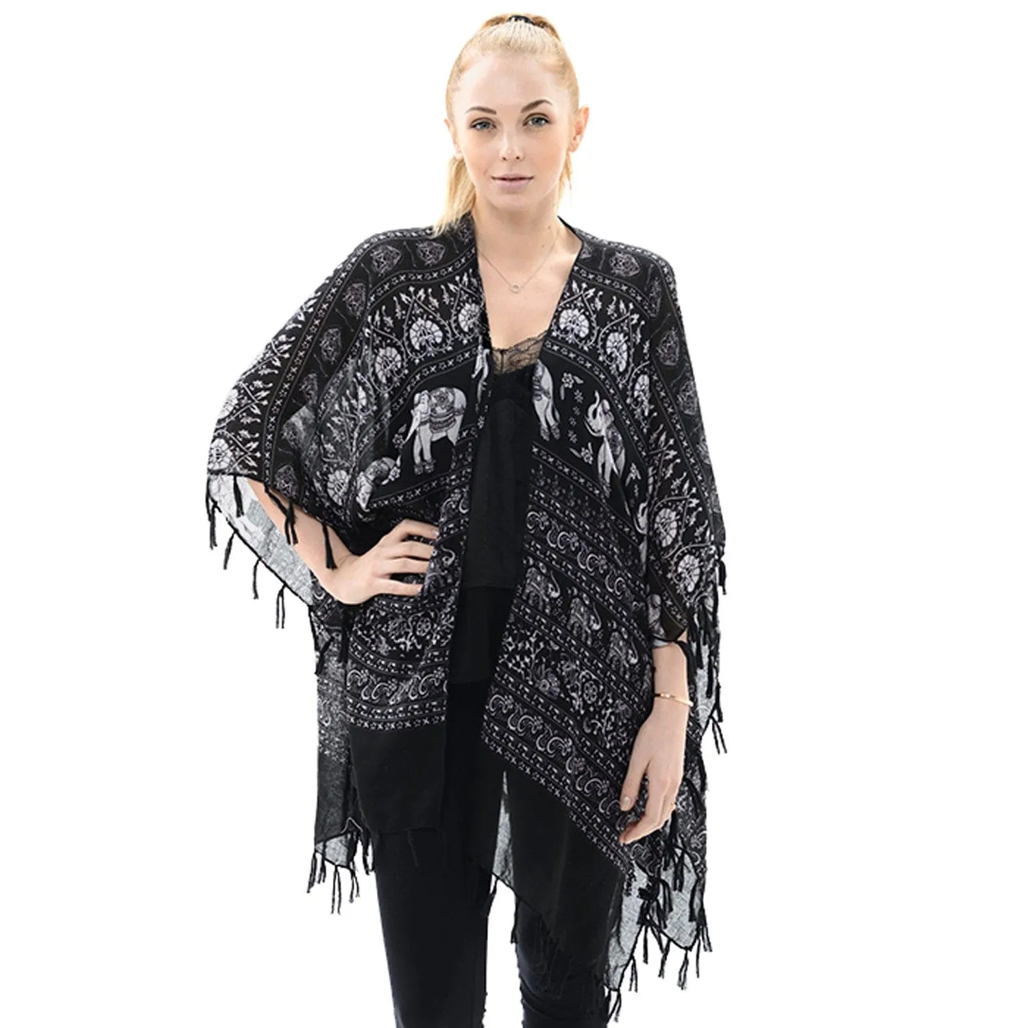 Black and White Elephant Tassel Shawl