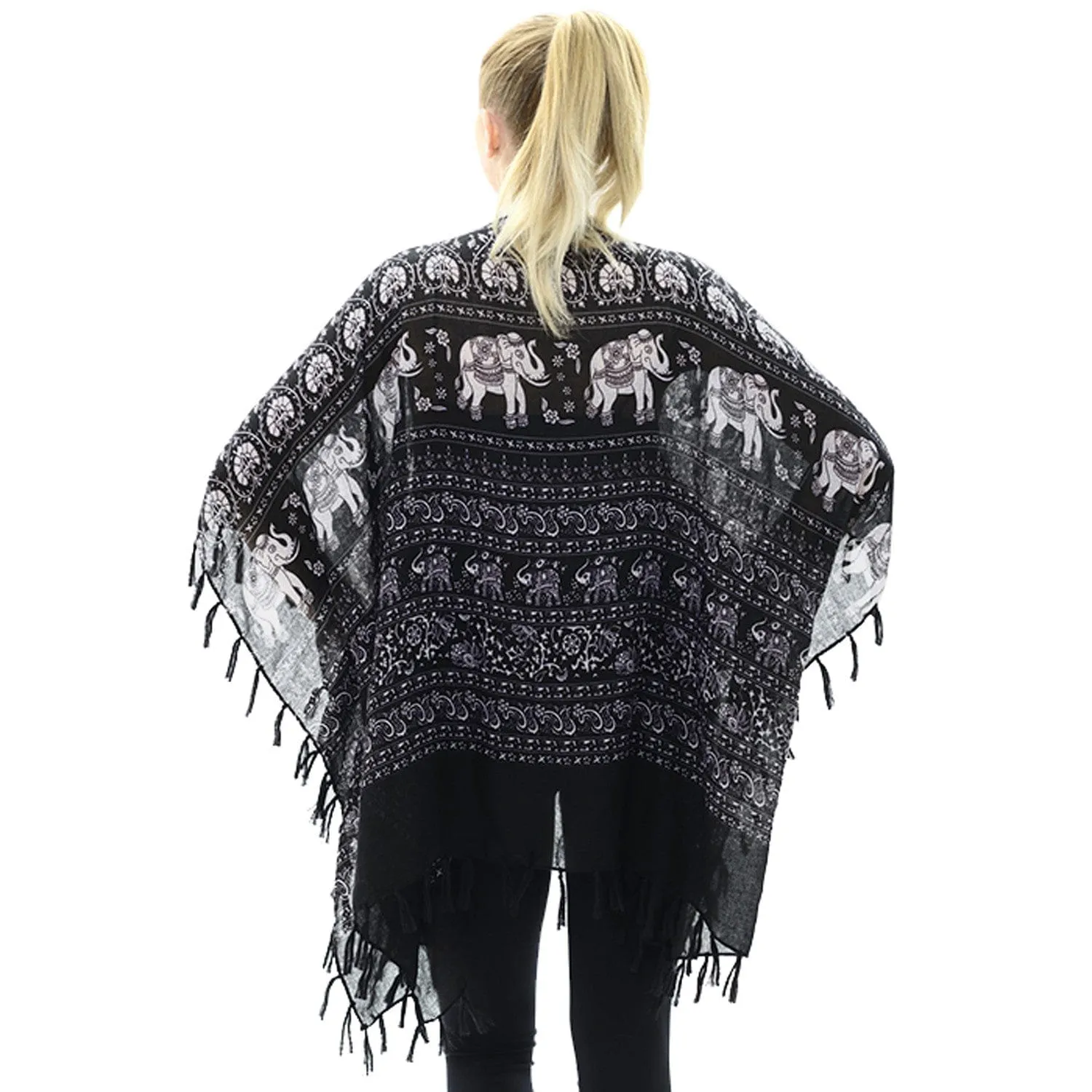 Black and White Elephant Tassel Shawl