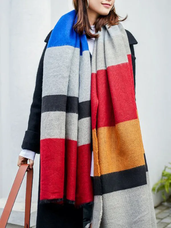 Contrast Color Fringed Keep Warm Multi-Colored Striped Shawl&Scarf