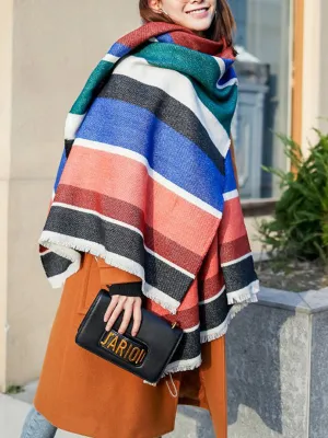 Contrast Color Fringed Keep Warm Multi-Colored Striped Shawl&Scarf