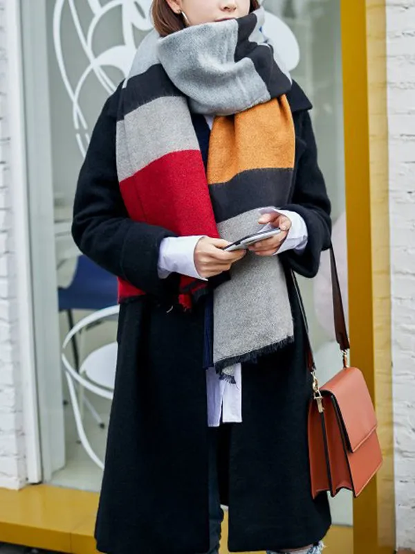 Contrast Color Fringed Keep Warm Multi-Colored Striped Shawl&Scarf