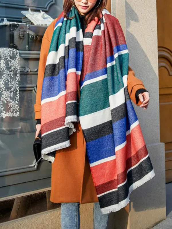 Contrast Color Fringed Keep Warm Multi-Colored Striped Shawl&Scarf