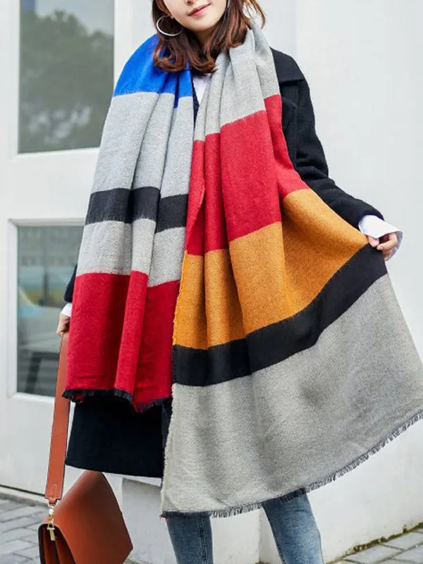 Contrast Color Fringed Keep Warm Multi-Colored Striped Shawl&Scarf