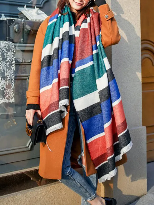 Contrast Color Fringed Keep Warm Multi-Colored Striped Shawl&Scarf