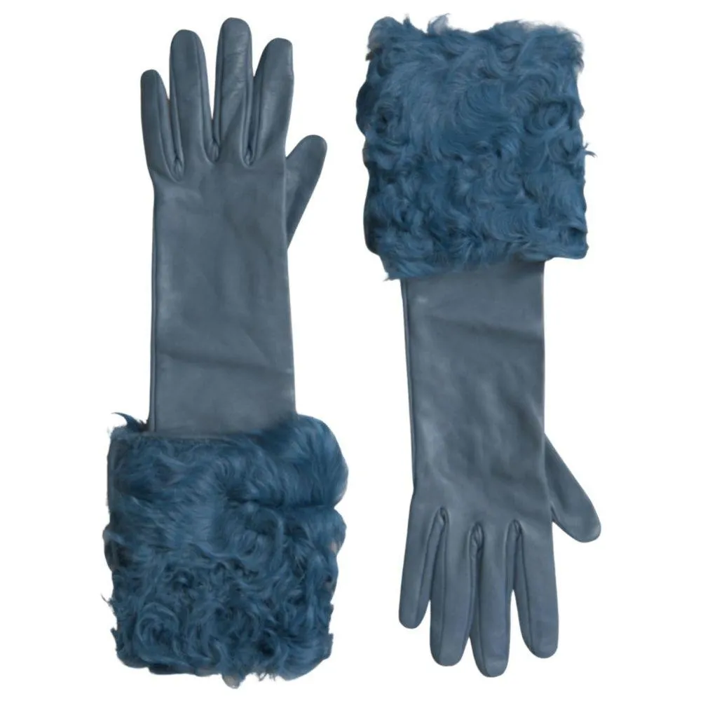 Dolce & Gabbana Elegant Blue Leather Gloves with Fur Trim