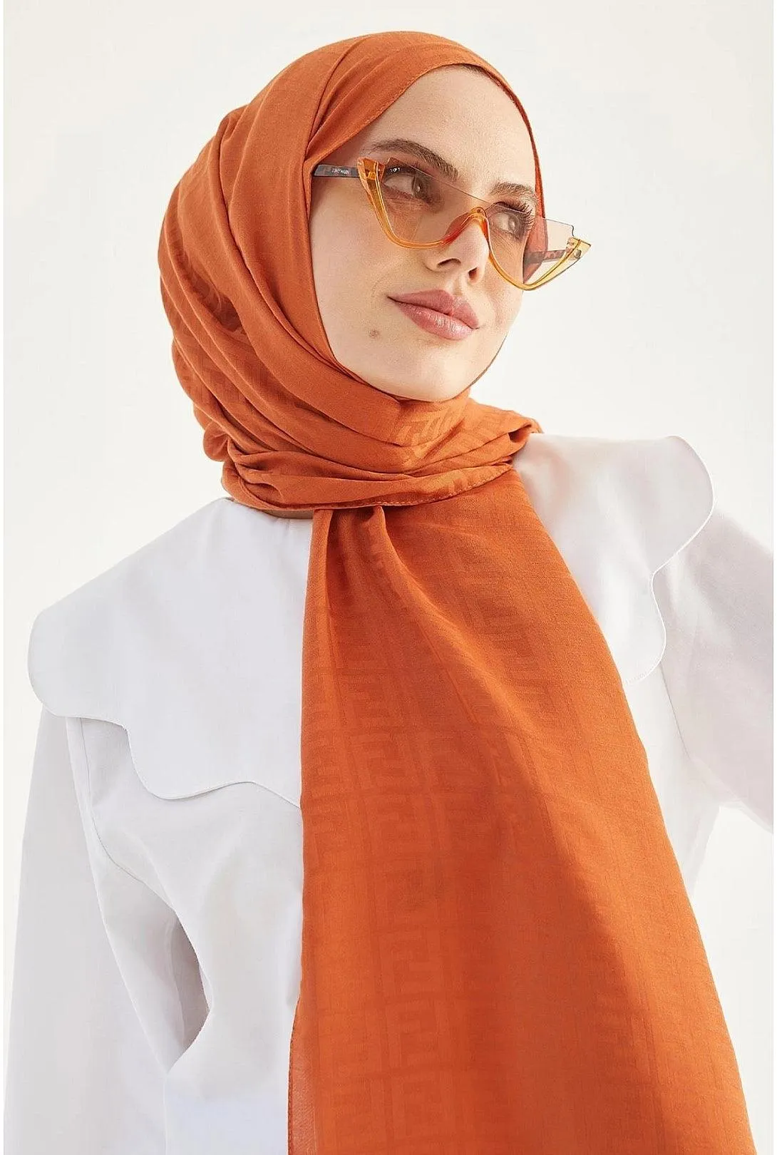 F Pattern Jacquard Cotton Shawl - Orange | Elegant Flora Design Hijab Scarf