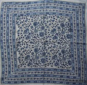 Floral Block Print Scarf Soft Light Cotton 20 x 20 Blue