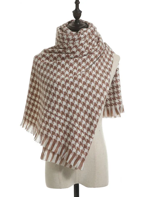 Fringed Houndstooth Keep Warm Shawl&Scarf