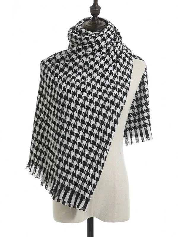 Fringed Houndstooth Keep Warm Shawl&Scarf