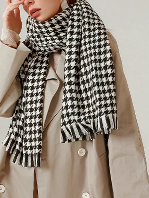 Fringed Houndstooth Keep Warm Shawl&Scarf