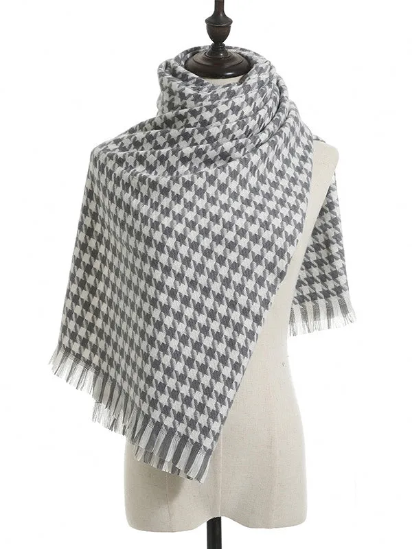 Fringed Houndstooth Keep Warm Shawl&Scarf