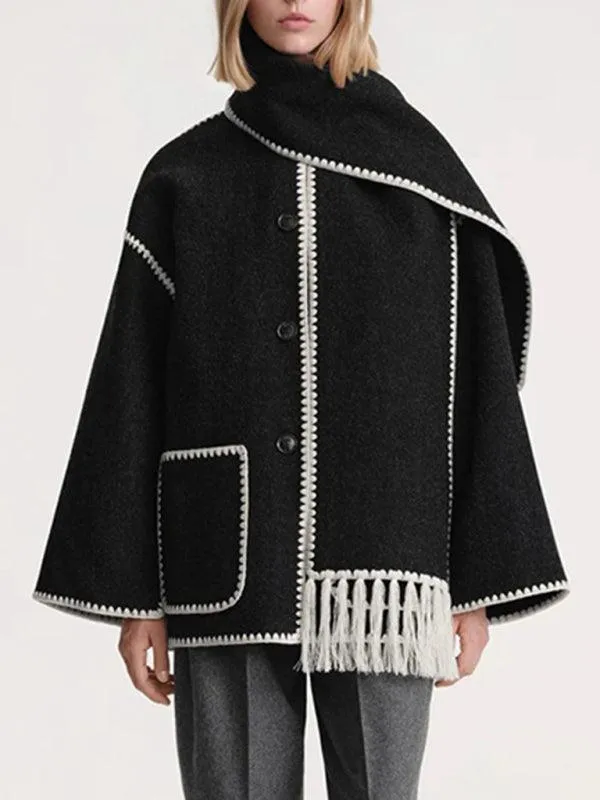 Fringed Scarf Collar Women Woolen Coat