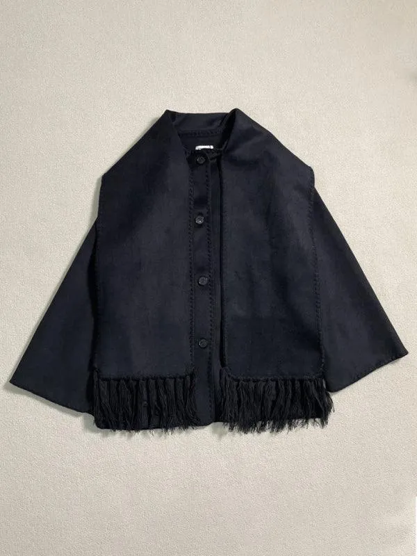 Fringed Scarf Collar Women Woolen Coat