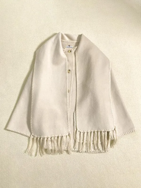 Fringed Scarf Collar Women Woolen Coat