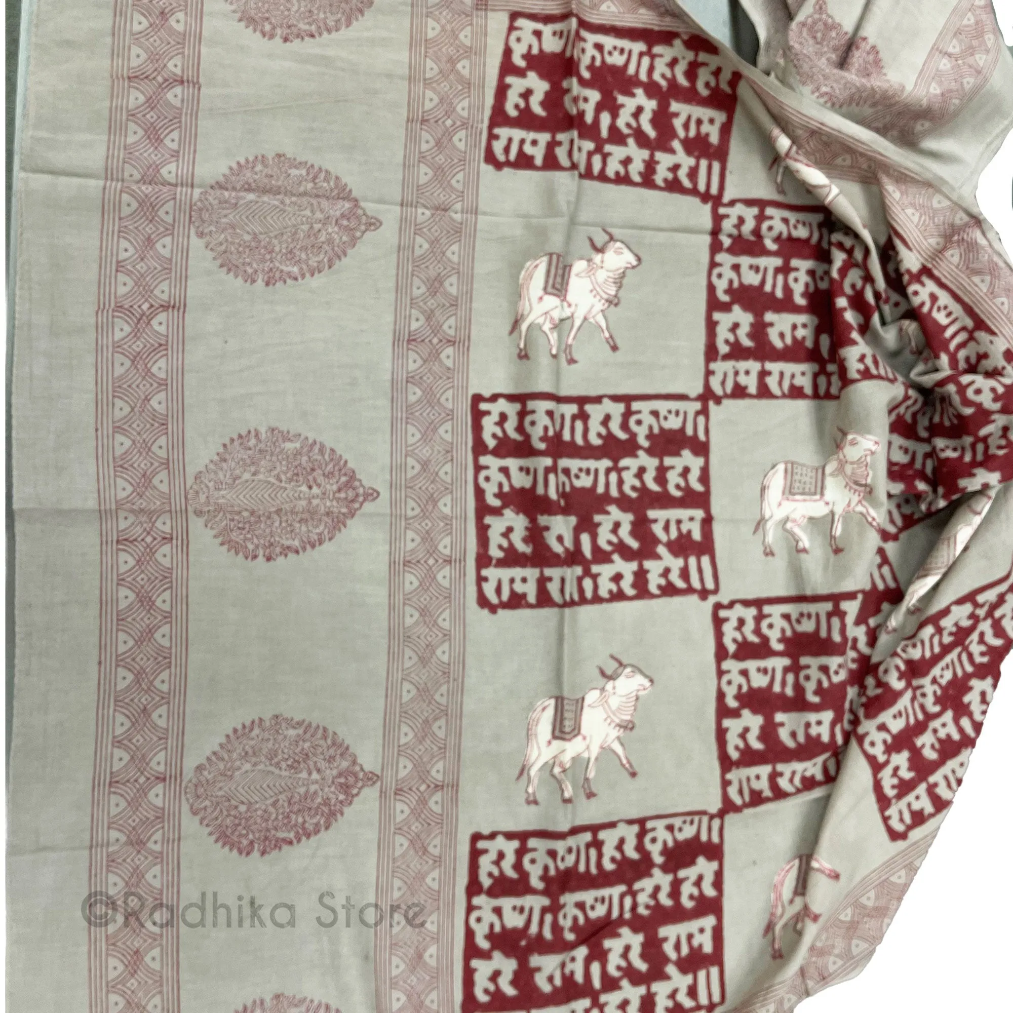 Mahamantra With Surabhi Cow - Block Print  Chadar - Choose Color