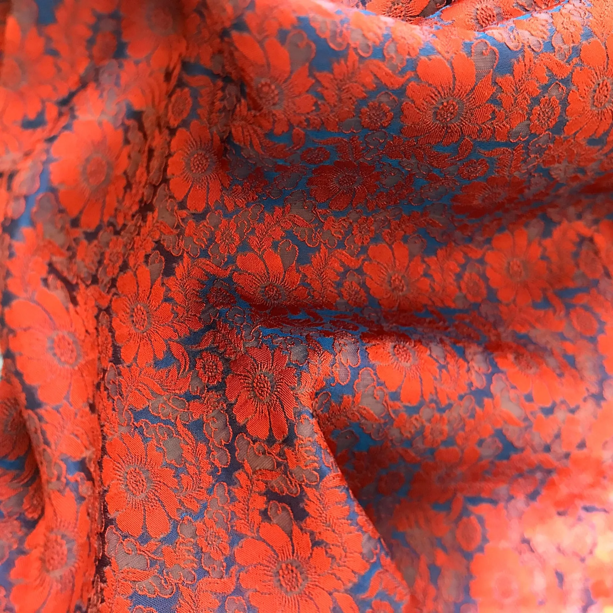 Mulberry Silk Floral Fabric – Chrysanthemum Pattern – Silk for Sewing - Dress making - Orange and blue silk fabric