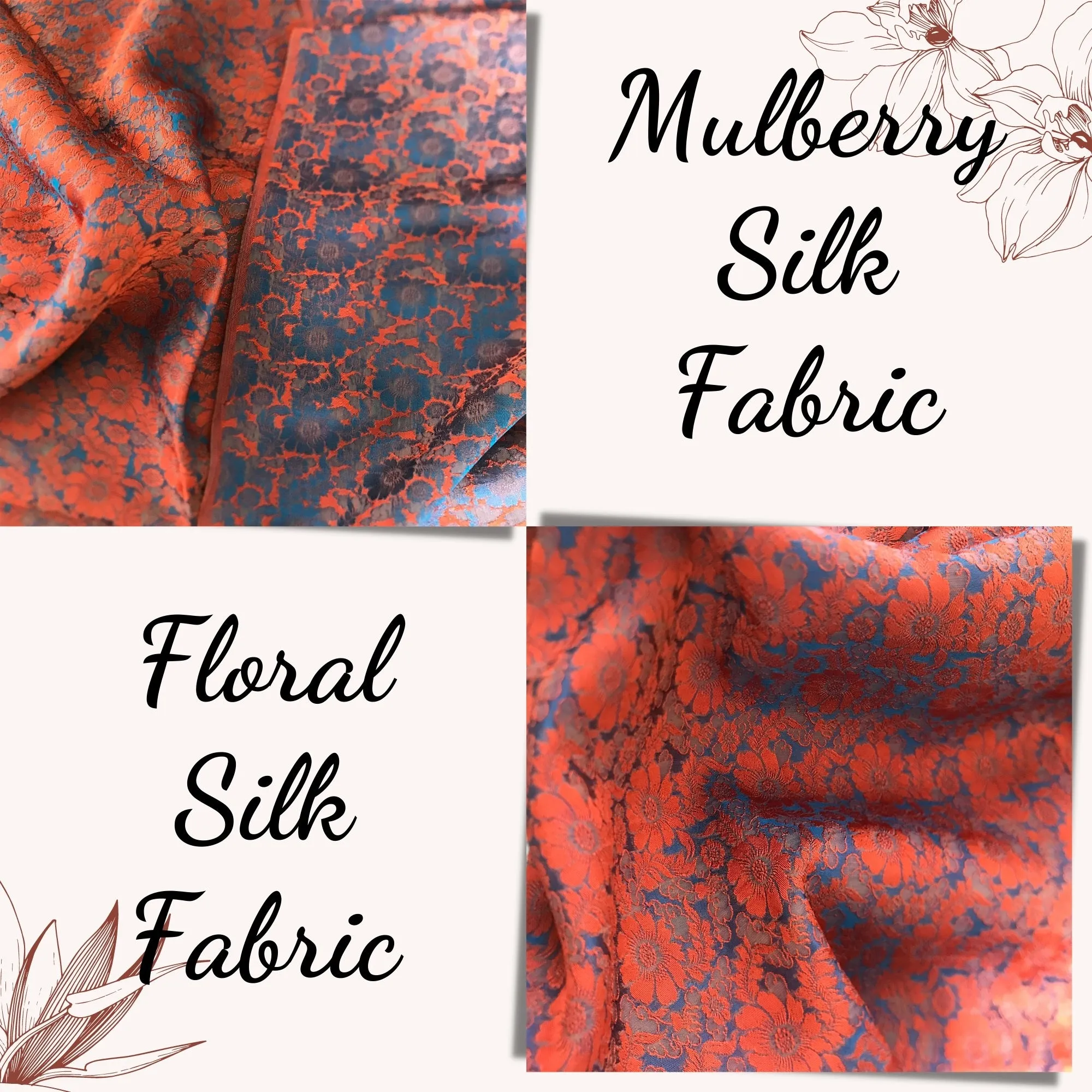 Mulberry Silk Floral Fabric – Chrysanthemum Pattern – Silk for Sewing - Dress making - Orange and blue silk fabric