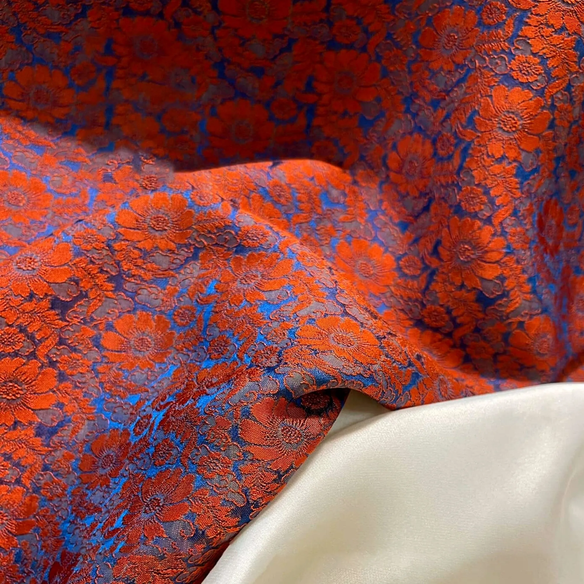 Mulberry Silk Floral Fabric – Chrysanthemum Pattern – Silk for Sewing - Dress making - Orange and blue silk fabric