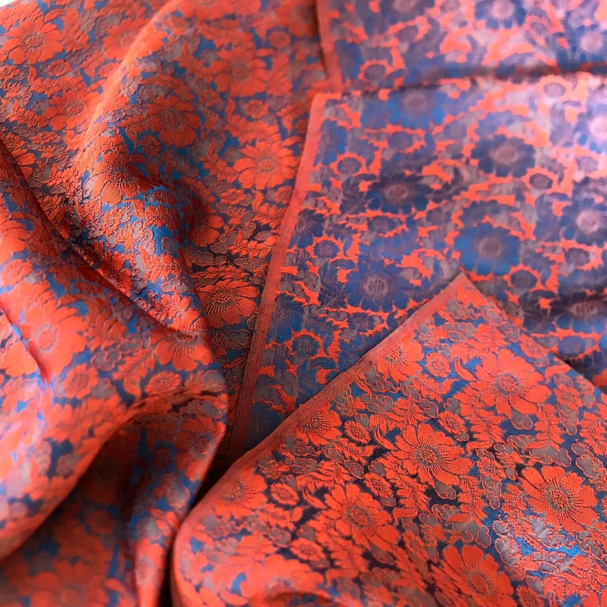 Mulberry Silk Floral Fabric – Chrysanthemum Pattern – Silk for Sewing - Dress making - Orange and blue silk fabric