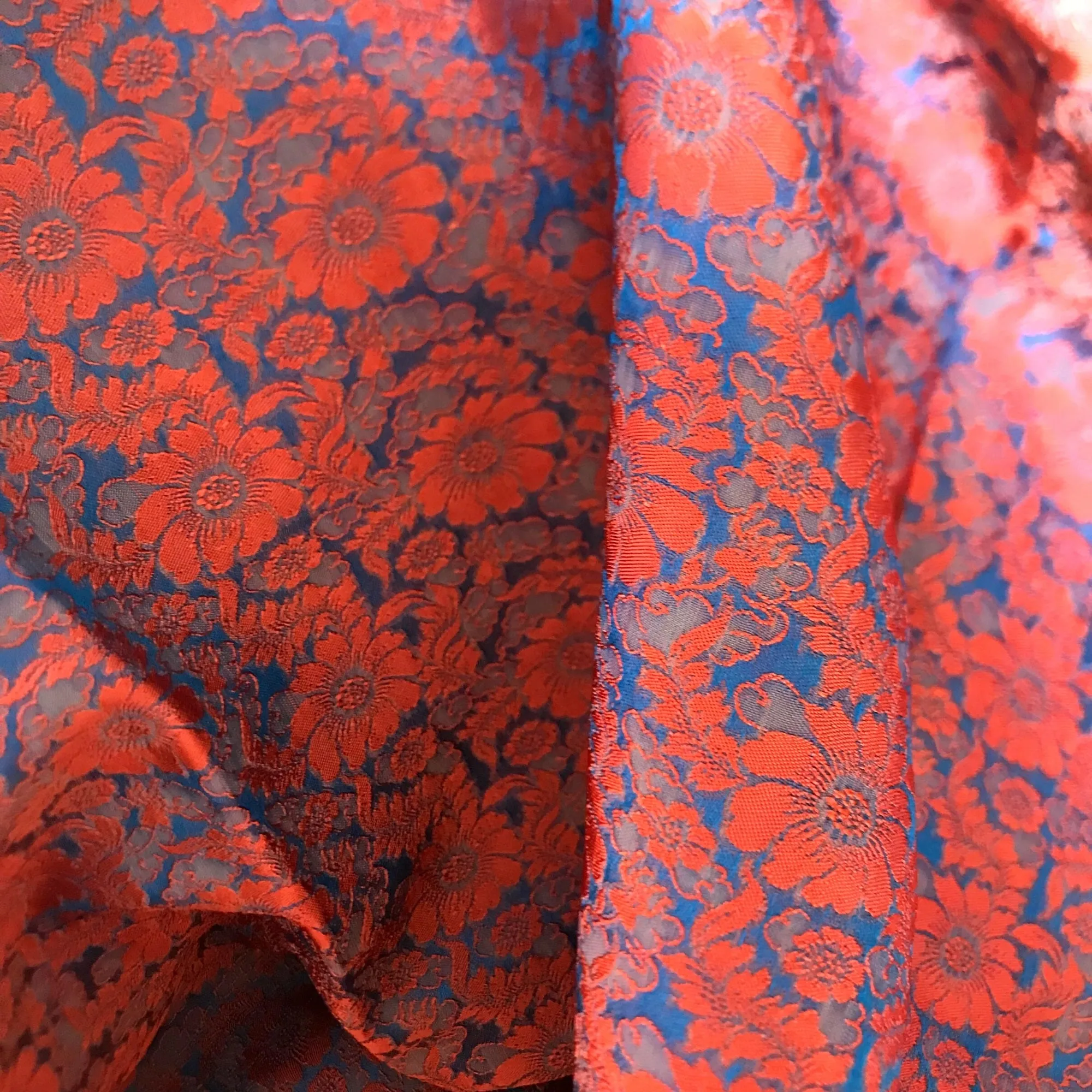 Mulberry Silk Floral Fabric – Chrysanthemum Pattern – Silk for Sewing - Dress making - Orange and blue silk fabric