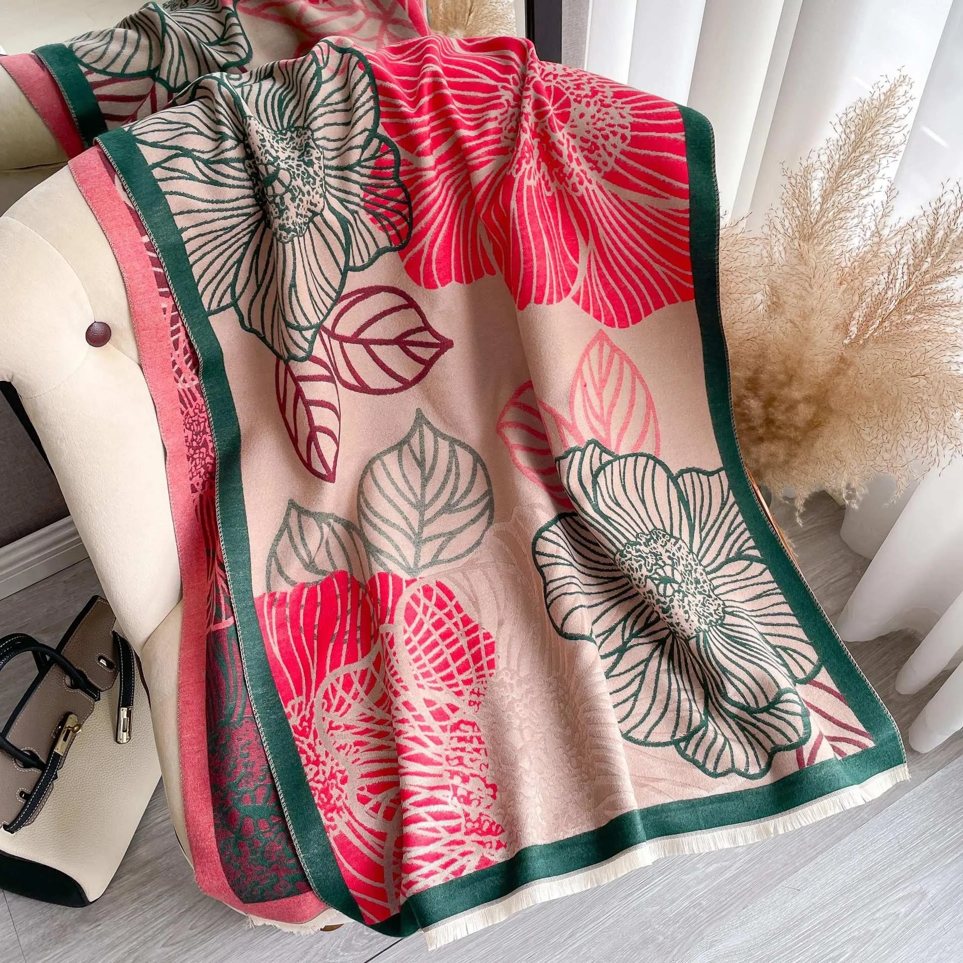 **NEW** Pink and Green Floral Luxe Pashmina Shawl