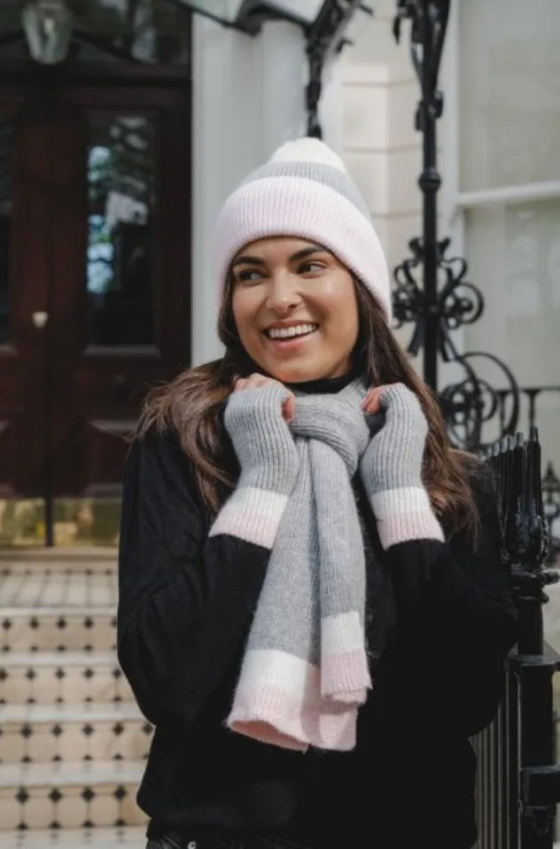 Park Lane SC956 Grey White and Pink Knitted Striped Scarf