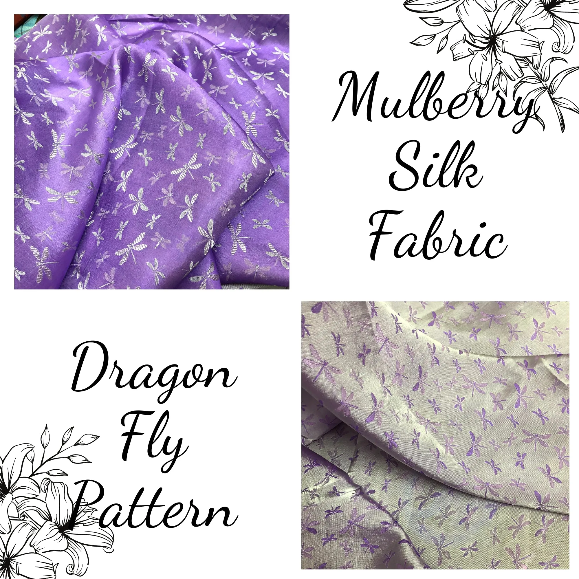 PATTERN MULBERRY SILK fabric by the yard - Purple silk with white pattern fabric - Handmade fabric – Dress making – Silk for sewing - Gift for women