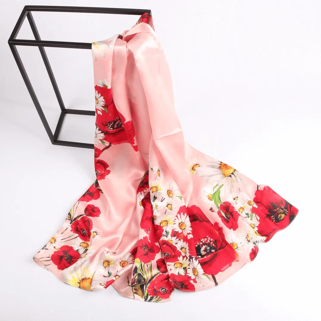 Silk Scarf Collecitons|Blossom Range|Poppy Daisy Design|Red|Long Silk Scarf