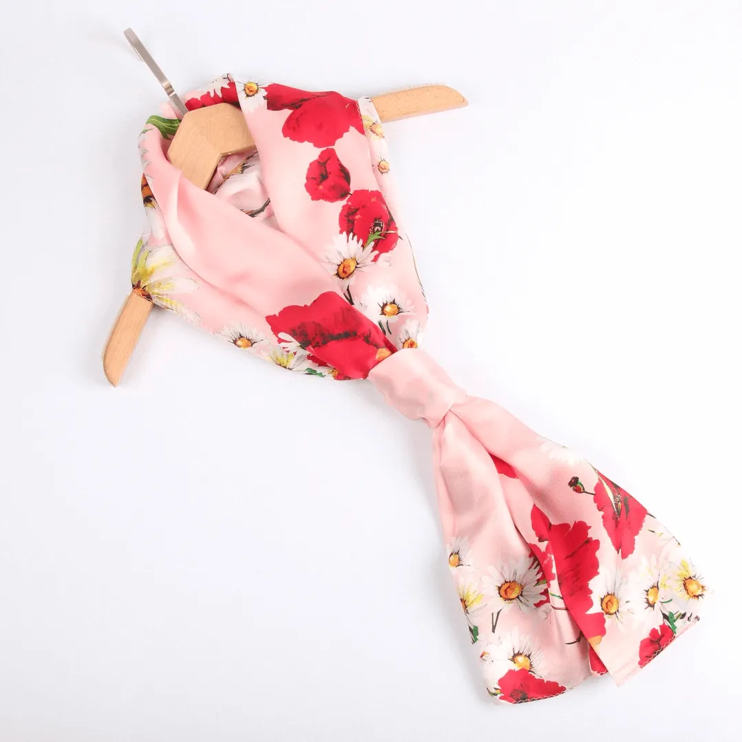 Silk Scarf Collecitons|Blossom Range|Poppy Daisy Design|Red|Long Silk Scarf