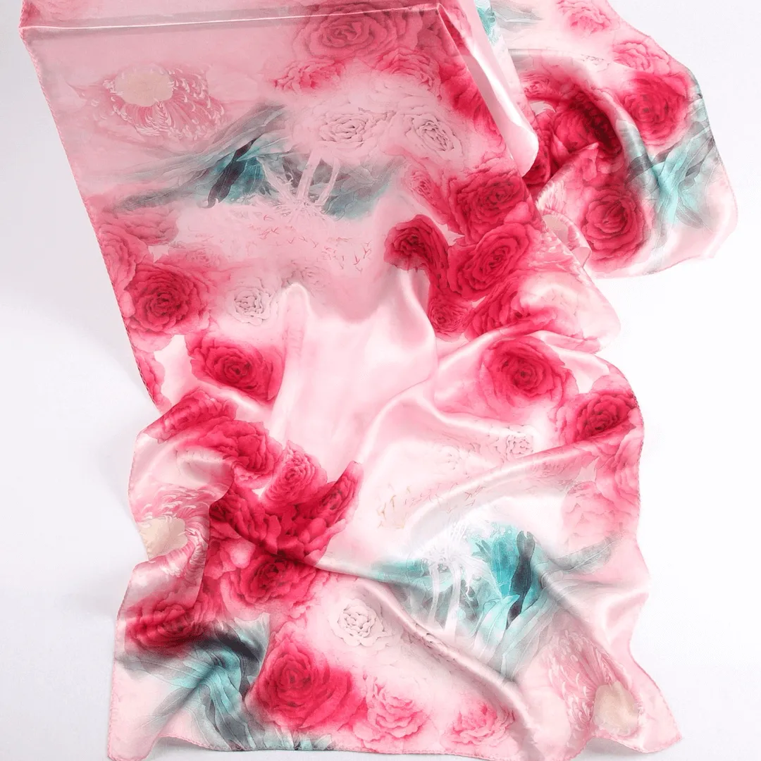 Silk Scarf Collecitons|Blossom Range|Rose Design|Red|Long Silk Scarf