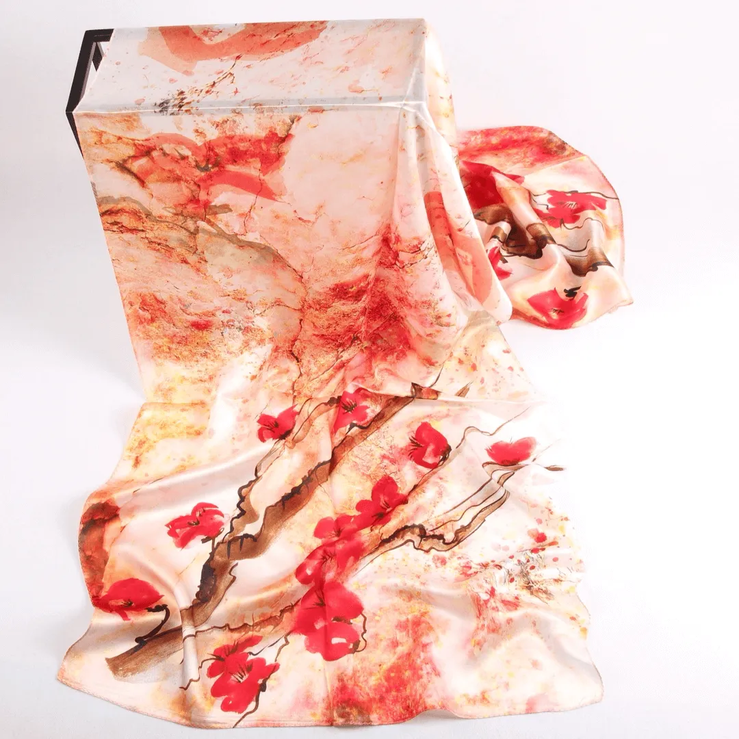 Silk Scarf Collections|Blossom Range|Cherry Blossom Design|Red|Long Silk Scarf