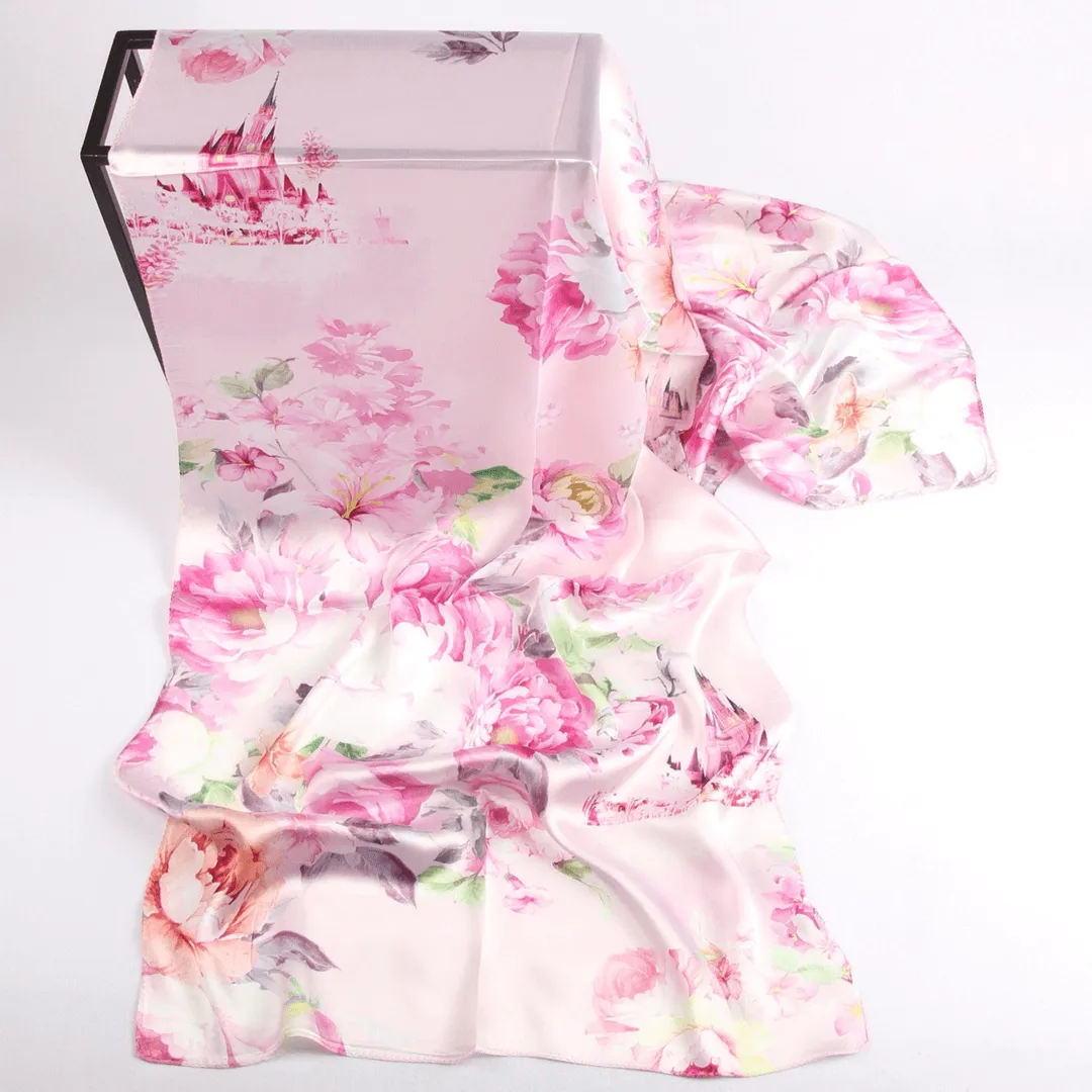 Silk Scarf Collections|Blossom Range|China Rose Design|Pink|Long Silk Scarf