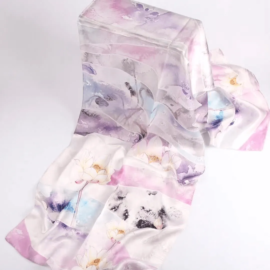 Silk Scarf Collections|Blossom Range|Lotus Design|Lilac|Long Silk Scarf