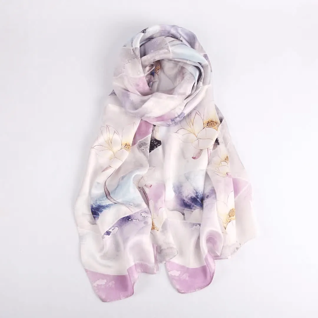 Silk Scarf Collections|Blossom Range|Lotus Design|Lilac|Long Silk Scarf