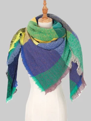 Triangle Contrast Color Diamond-Patterned Fringed Keep Warm Shawl&Scarf