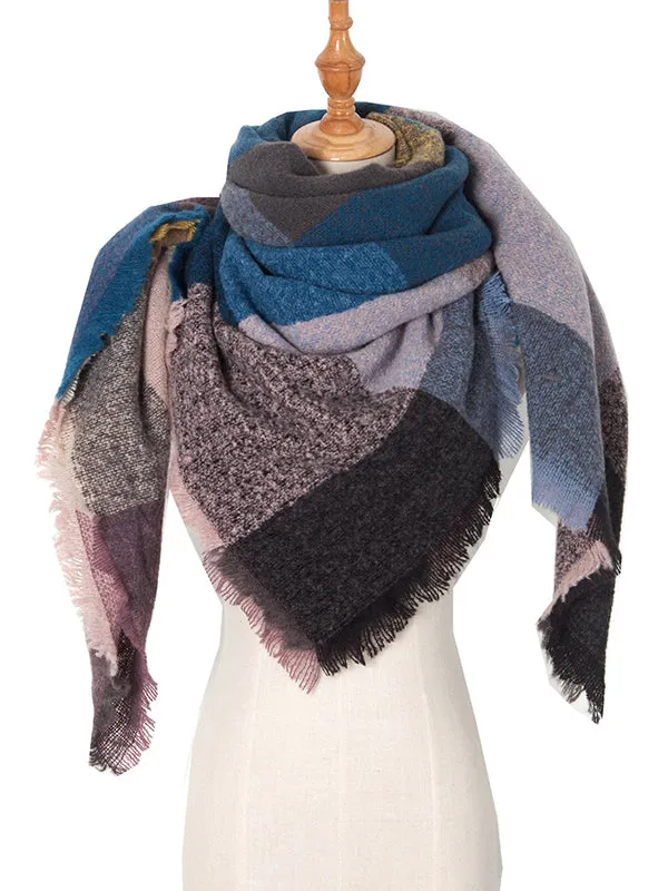 Triangle Contrast Color Diamond-Patterned Fringed Keep Warm Shawl&Scarf