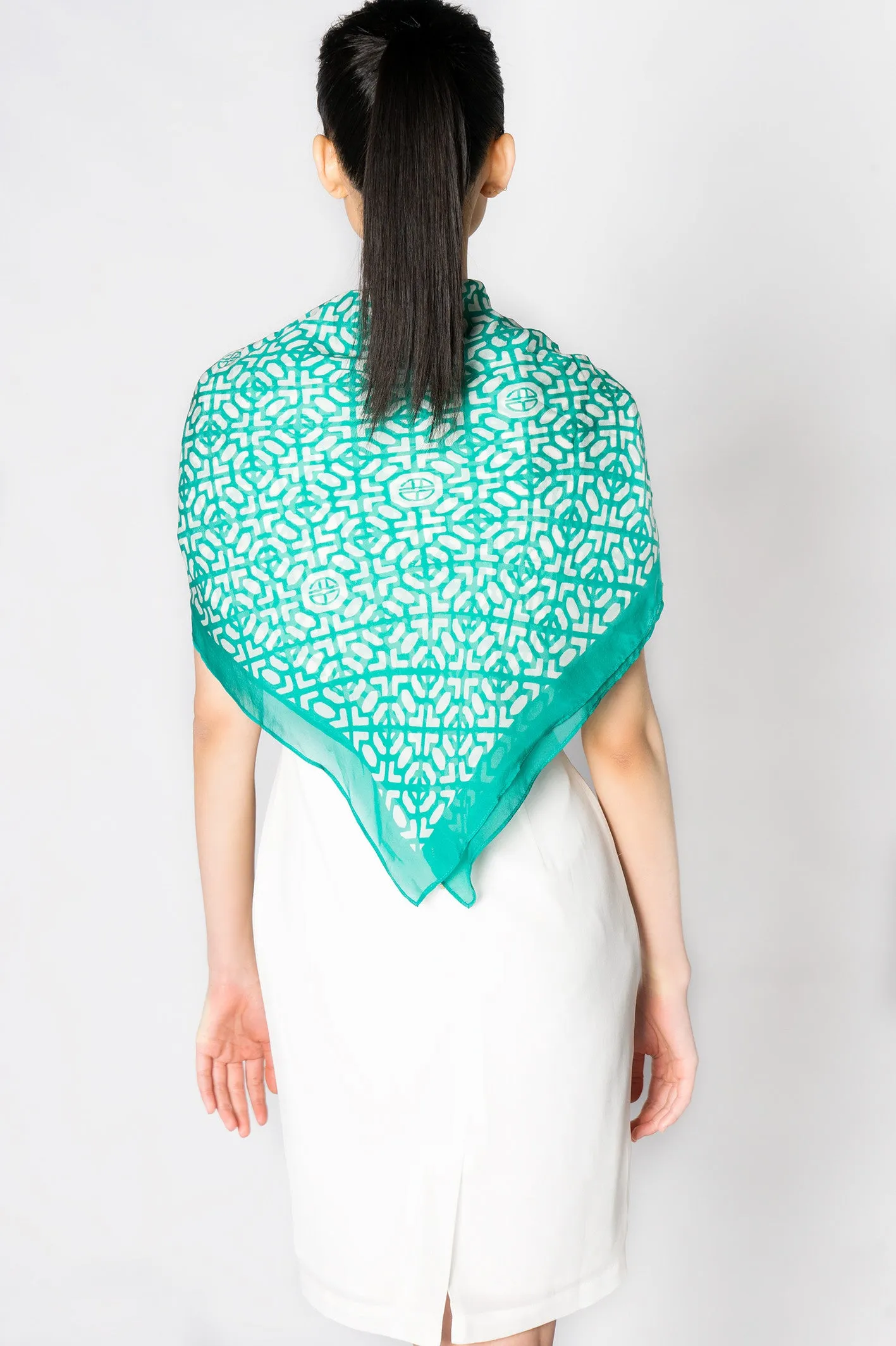 Turquoise Ming Chop Pattern Print Silk Scarf