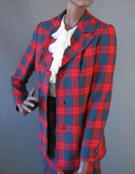 Women's Vintage 60s Skirt Jacket Suit Set Tartan Plaid Scarf Kilt M Aljeasn VFG