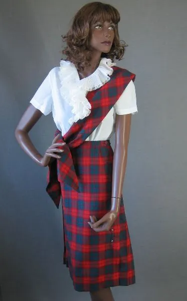 Women's Vintage 60s Skirt Jacket Suit Set Tartan Plaid Scarf Kilt M Aljeasn VFG