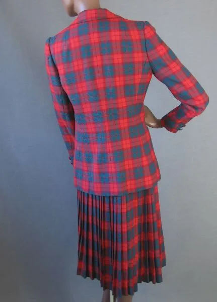 Women's Vintage 60s Skirt Jacket Suit Set Tartan Plaid Scarf Kilt M Aljeasn VFG