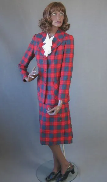 Women's Vintage 60s Skirt Jacket Suit Set Tartan Plaid Scarf Kilt M Aljeasn VFG